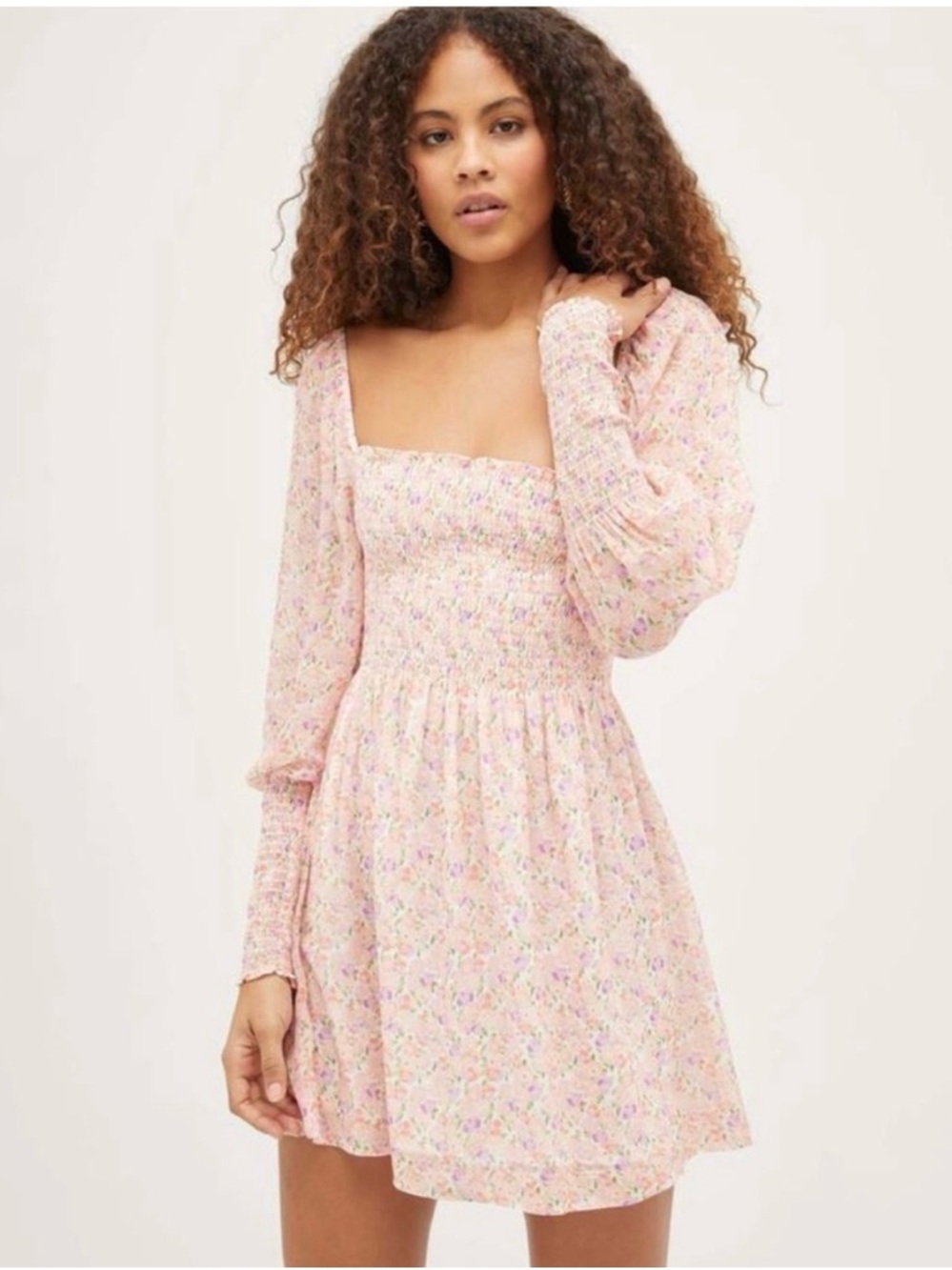Hill House Smocked Square-Neck Floral Mini Dress in Light Pink